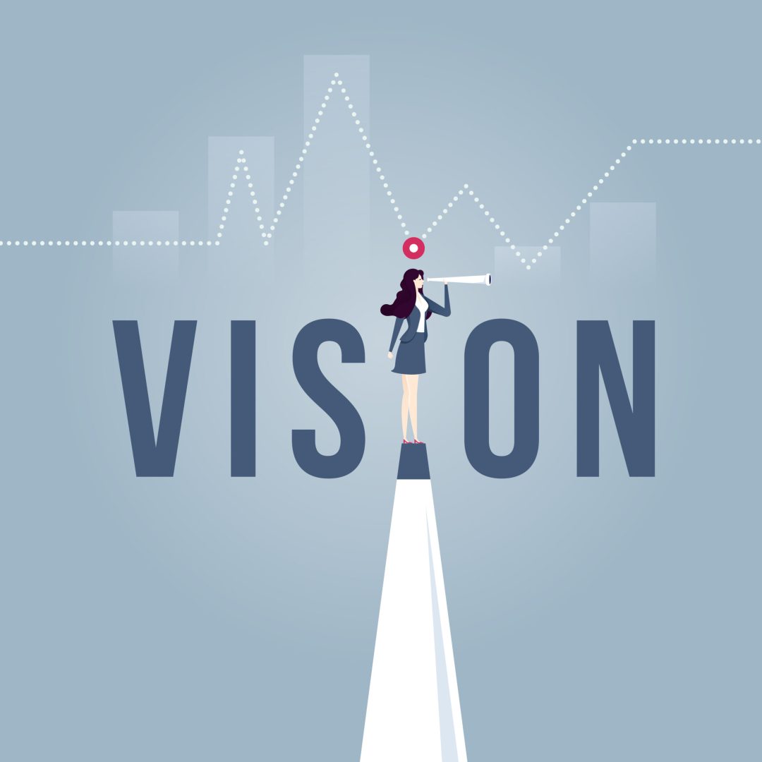 Vision concept in business with vector icon of businesswoman and telescope, monocular. Symbol leadership, strategy, mission, objectives. Eps10 vector illustration.